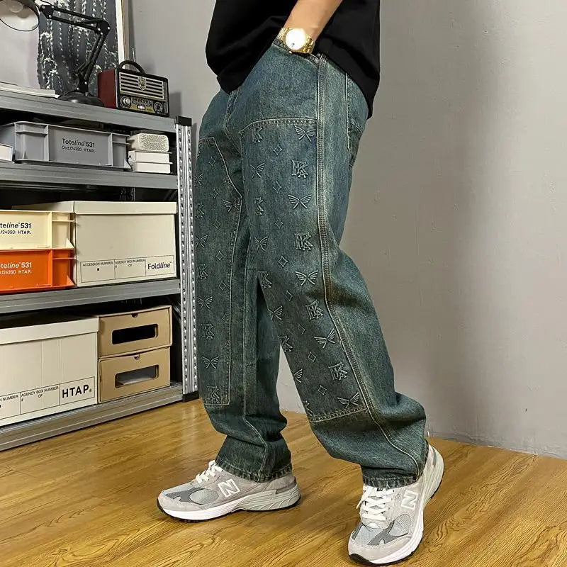 Modern embossed washed men's work jeans
