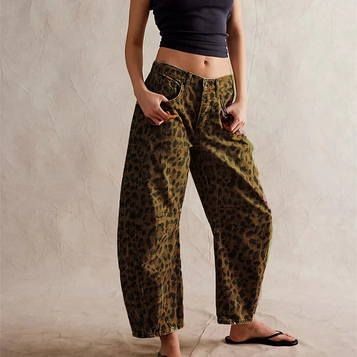 Y2K Leopard Print Barrel Jeans - Mid Rise Wide Leg Baggy