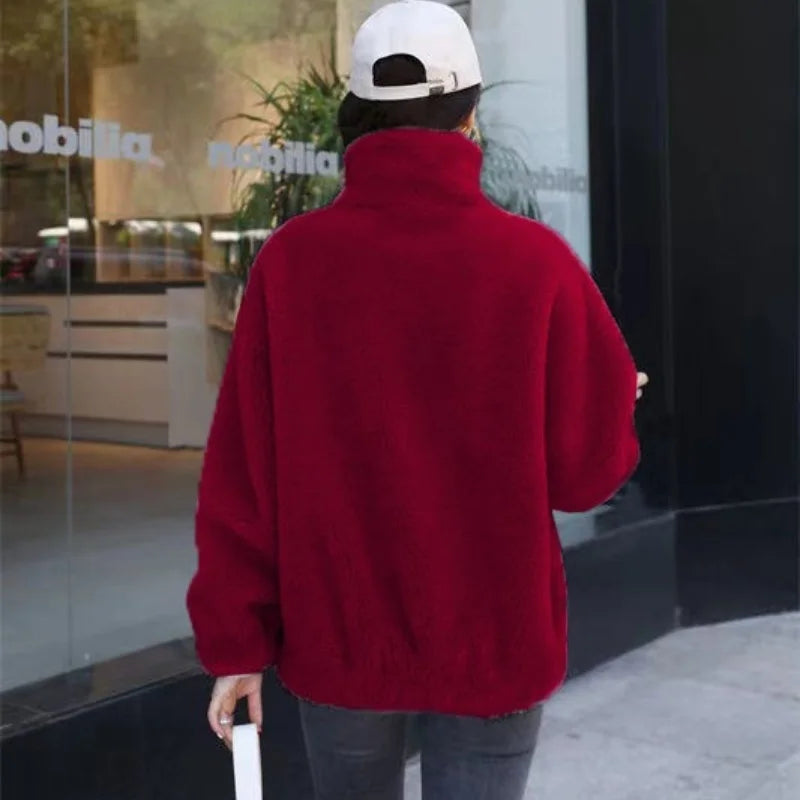 Double Coral Fleece Warm Coat with Stand Collar