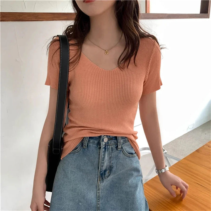 V-Neck Ribbed Knit Summer Sweater