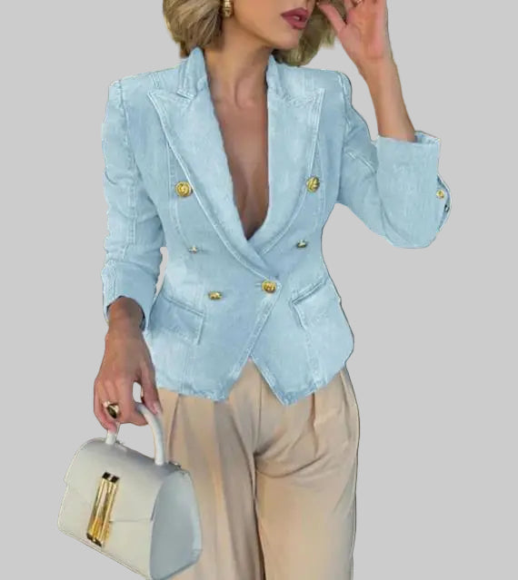 Double-Breasted Slim Fit Denim Jacket Suit