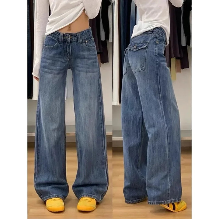 Trendy American Retro High-Waisted Wide Leg Jeans