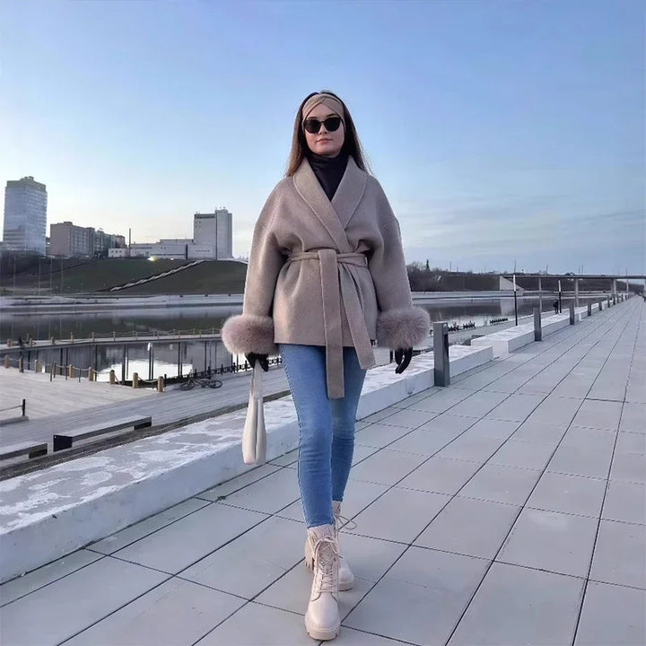 Elegant Lace-Up Woolen Coat