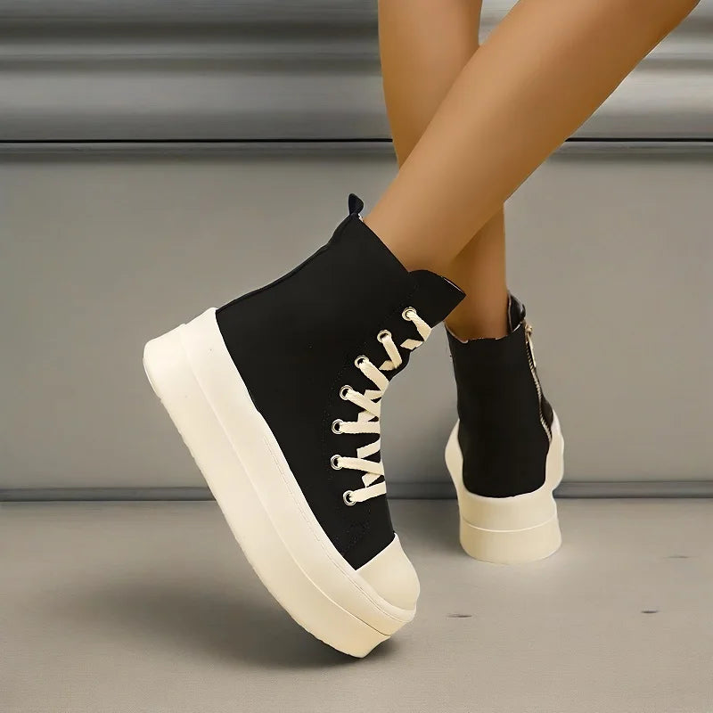 High-Top Lace-Up Canvas Platform Ankle Boots