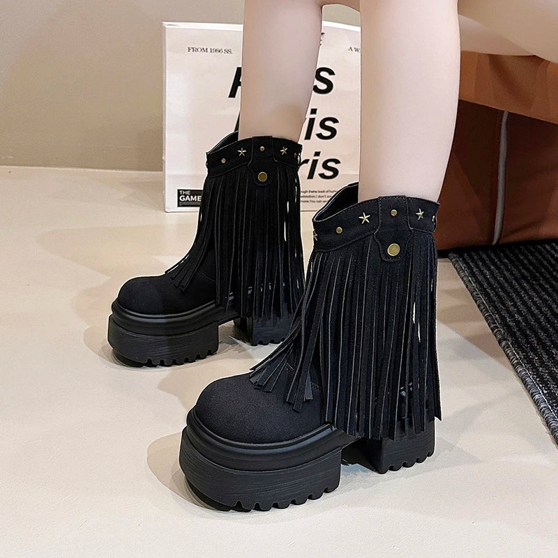 9CM Platform Tassels Chunky Boots