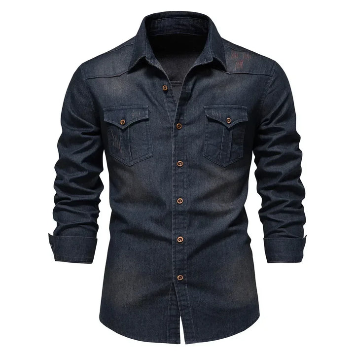 Elastic Slim Fit Long Sleeve Cotton Denim Shirt