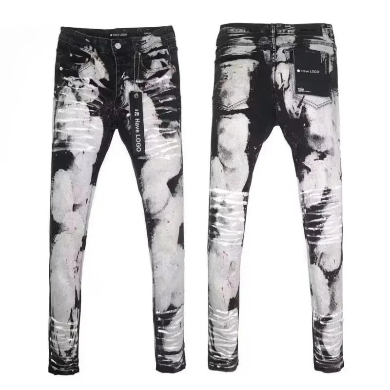 Retro Punk Style Slim Fit Elastic Printed Jeans