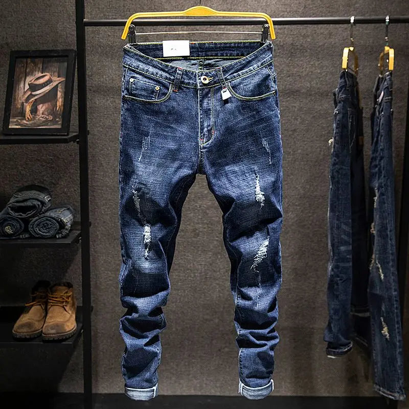 American Style Slim-Fit Ripped Cotton Straight Jeans