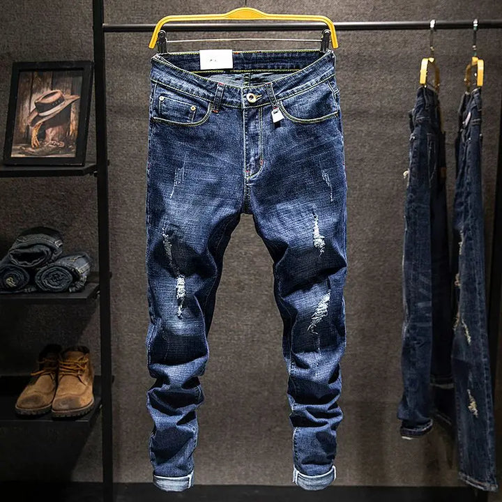 American Style Slim-Fit Ripped Cotton Straight Jeans