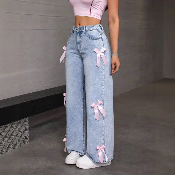 Vintage Distressed High-Waisted Jeans with Bow Detail