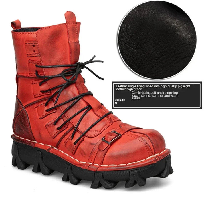 Genuine Leather Goth Skull Punk Mid-calf Boots