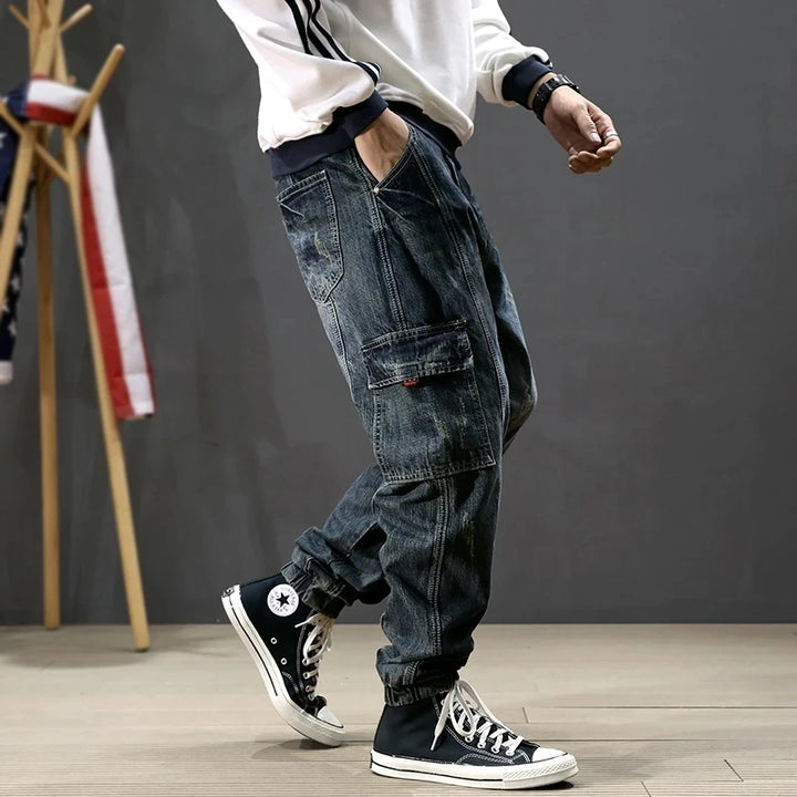 Retro Blue Printed Americana Cargo Pants