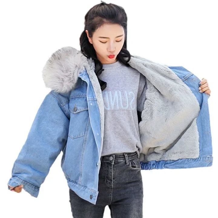 Single Breasted Fur Hooded Denim Coat