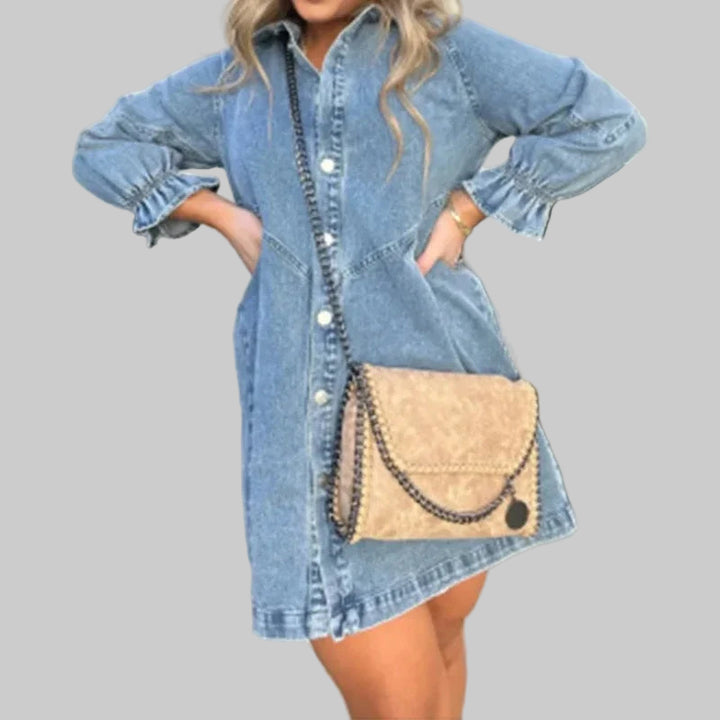 Denim Shirt Dress Collared Lantern Sleeves,