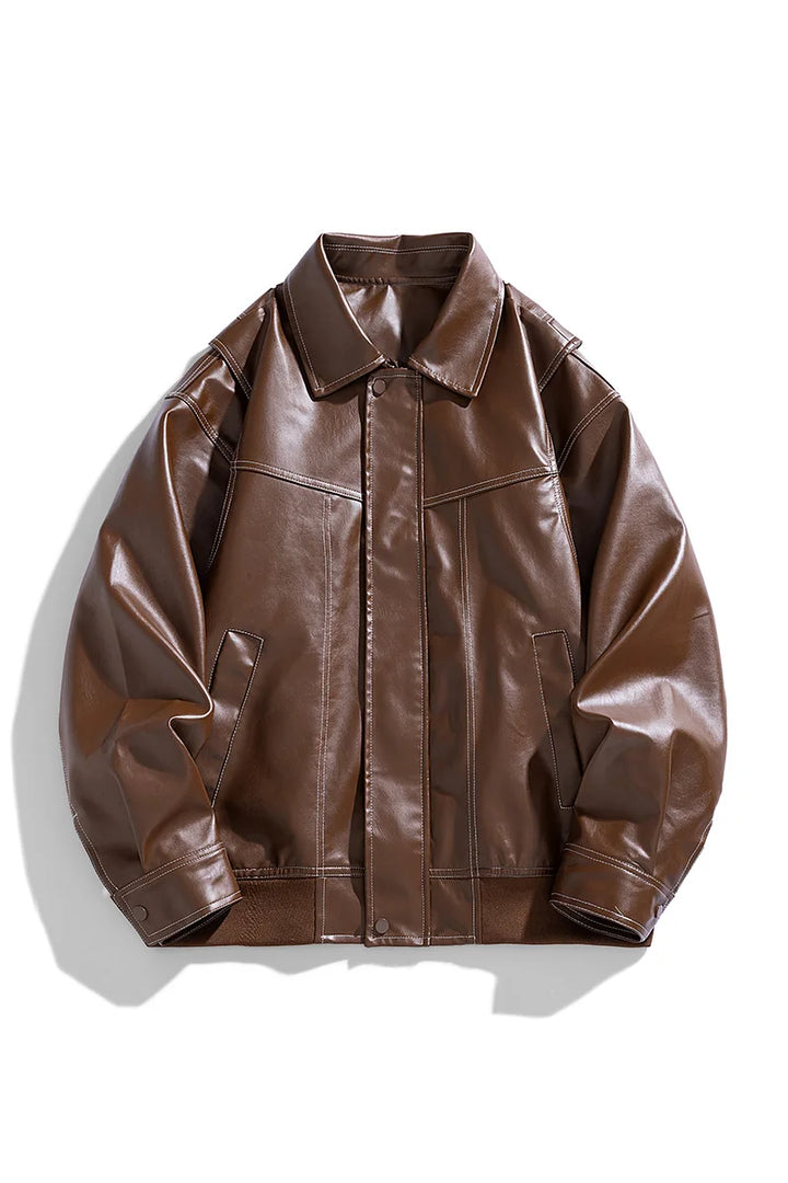 Retro Lapel Collar Loose Fit PU Leather Jacket