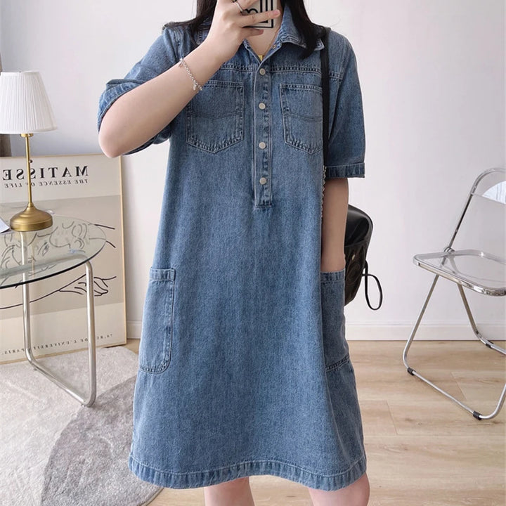 Knee-length Vintage denim dress with polo collar