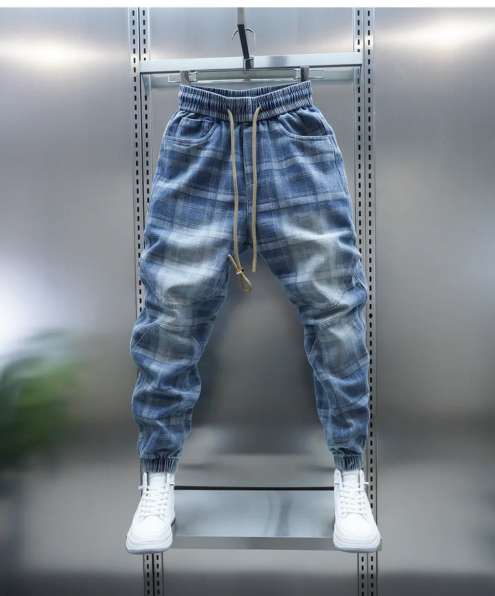 Plaid Patchwork Jogger Denim Pants