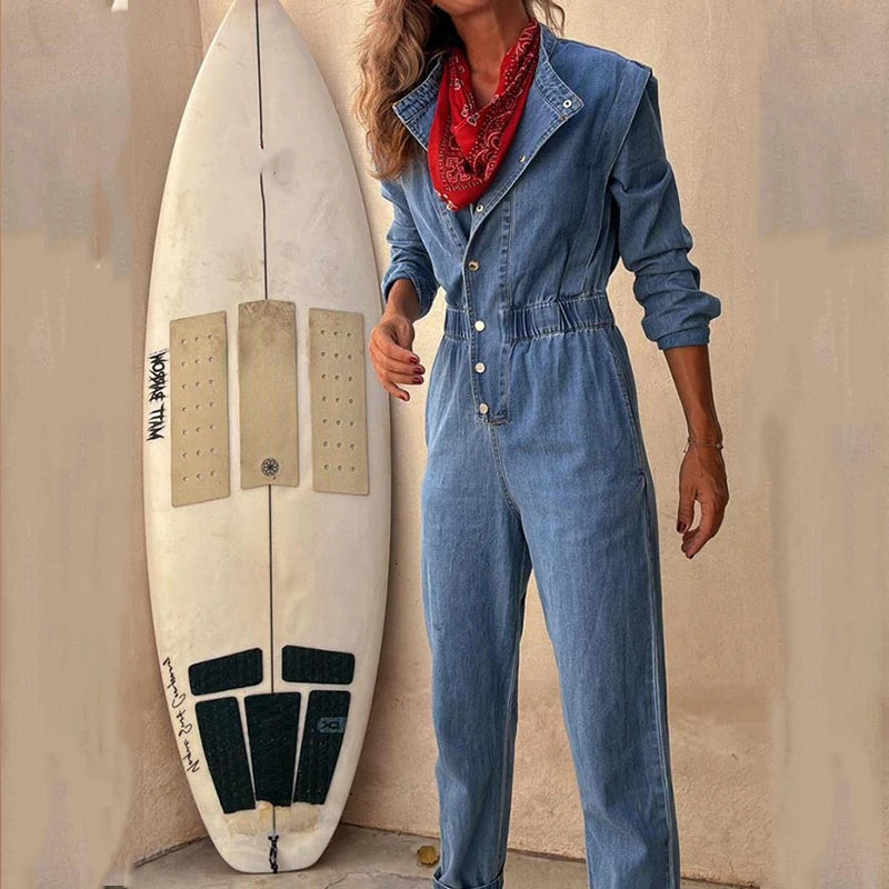 Retro Long Sleeve Slim-Fit Denim Jumpsuit