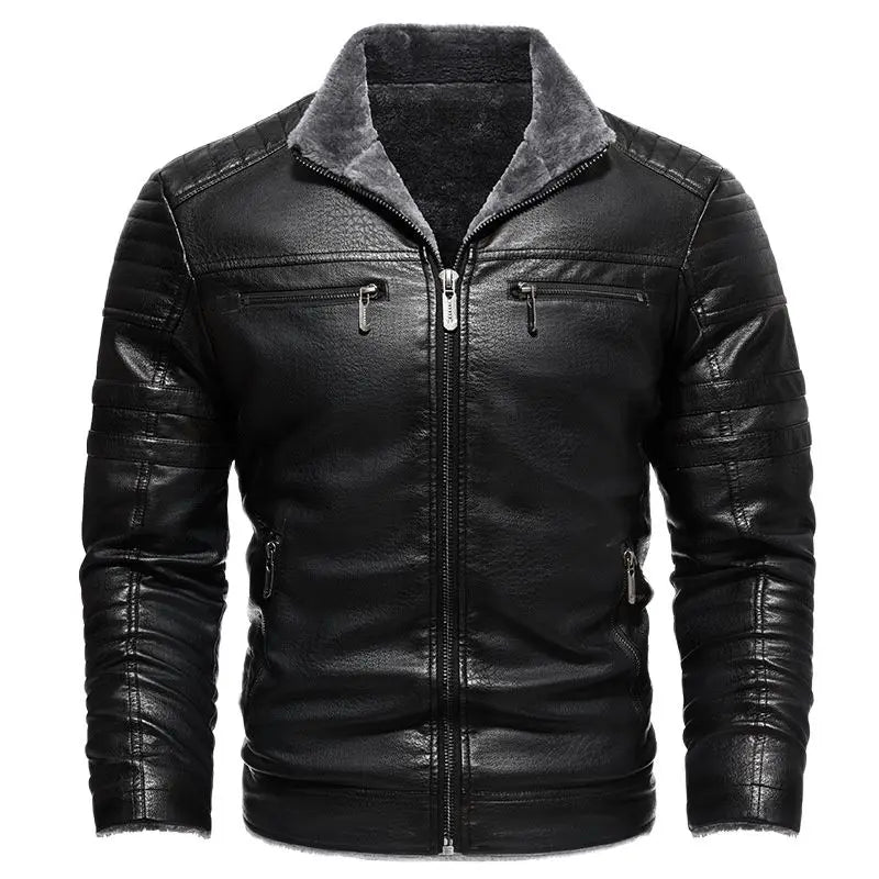 Faux Leather Zippered Fleece Lined Retro Motorcycle Jacket