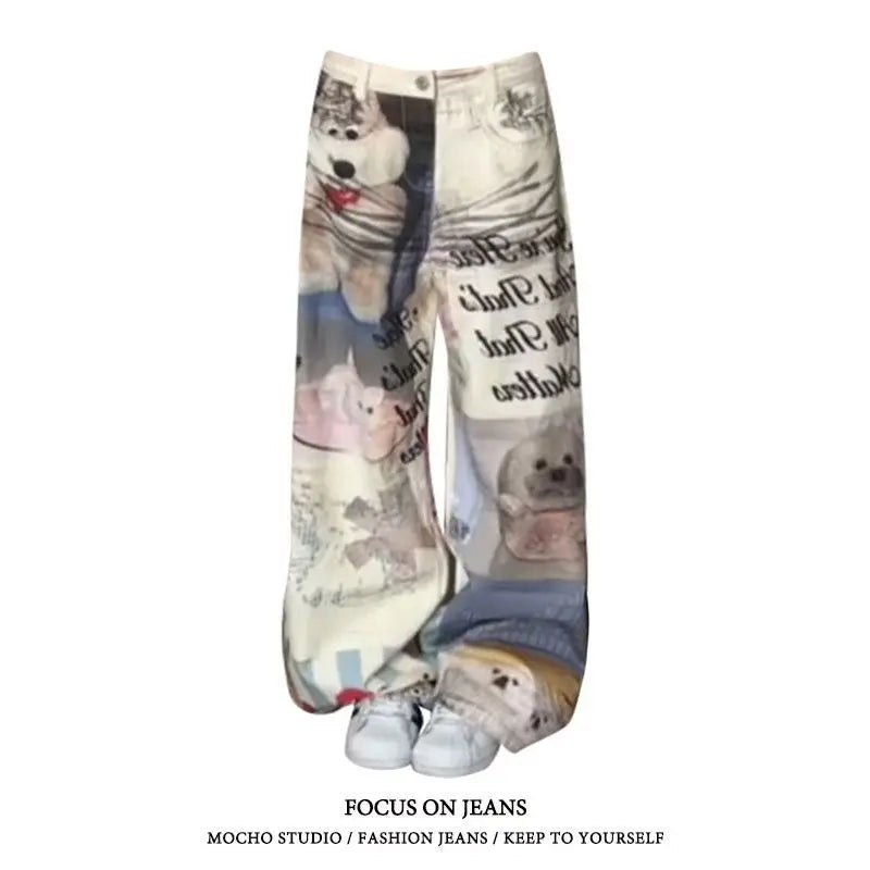 Loose-Fit Cartoon Print Harajuku Baggy Pants