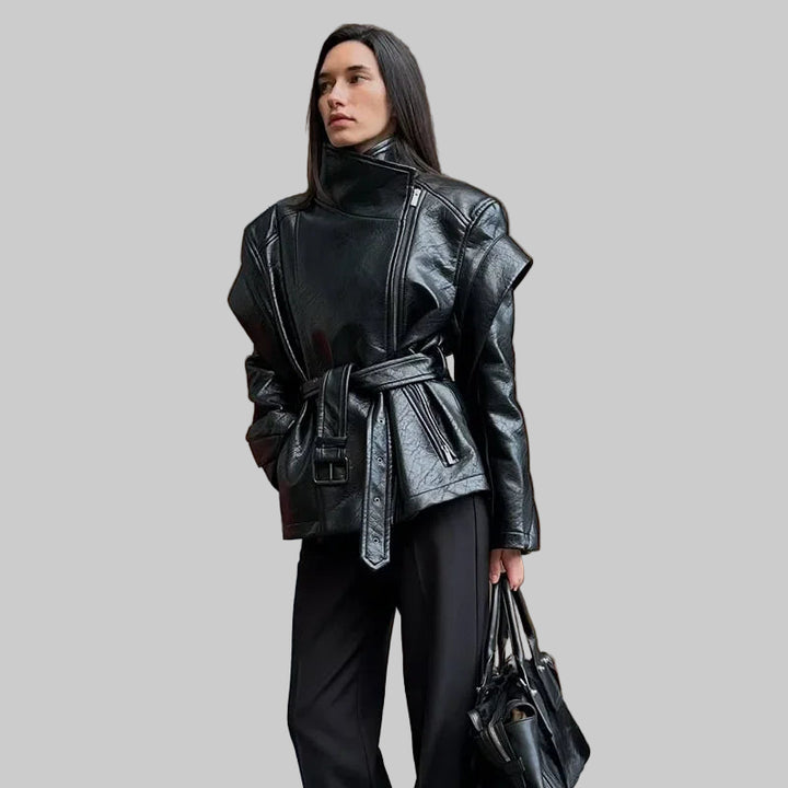 Lace Up Zipper Turn-down Collar Leather Jacket