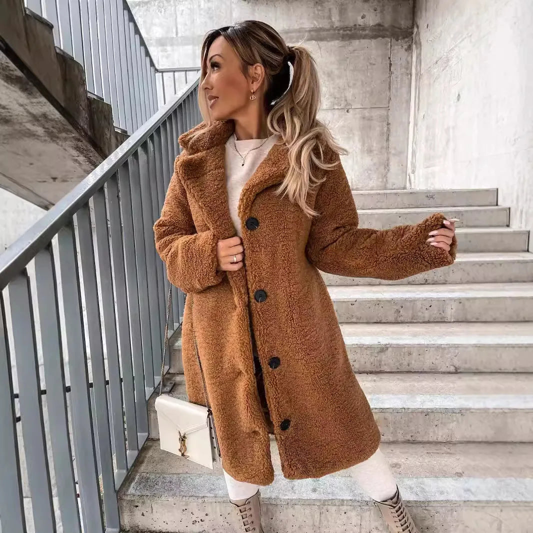 Plush Furry Button-Up Long Coat with Lapel