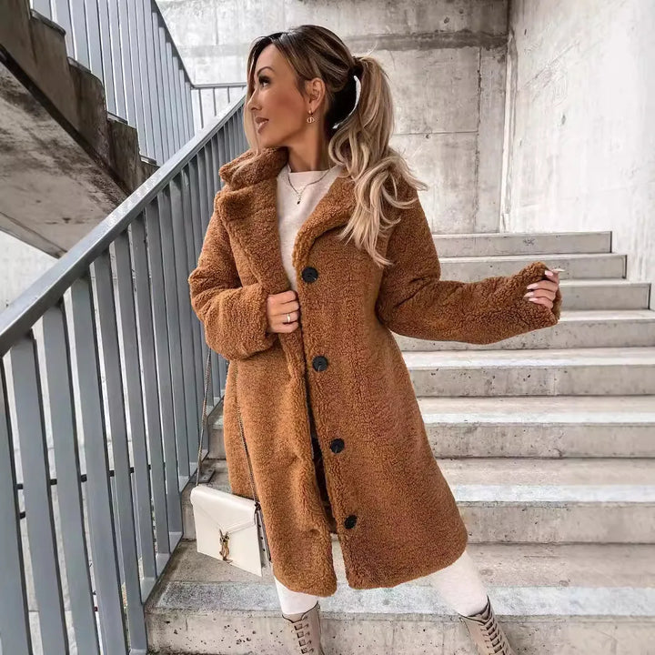 Plush Furry Button-Up Long Coat with Lapel