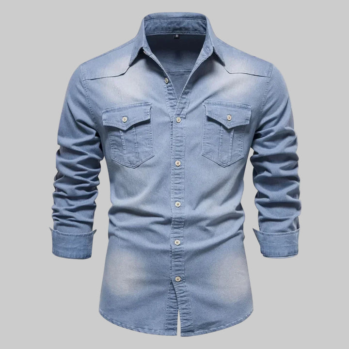 Elastic Slim Fit Long Sleeve Cotton Denim Shirt