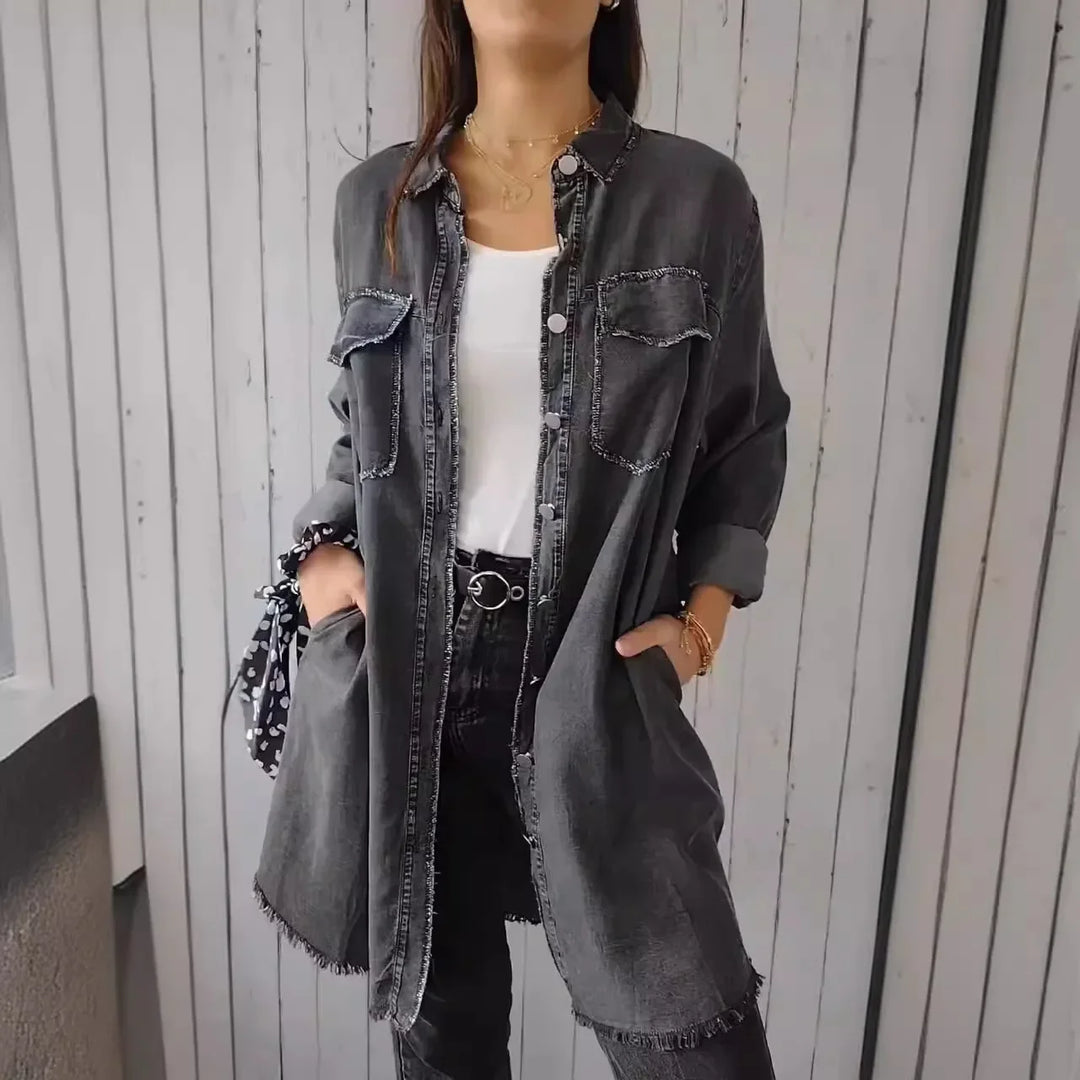 Casual Long Denim Jacket with Ripped Pockets