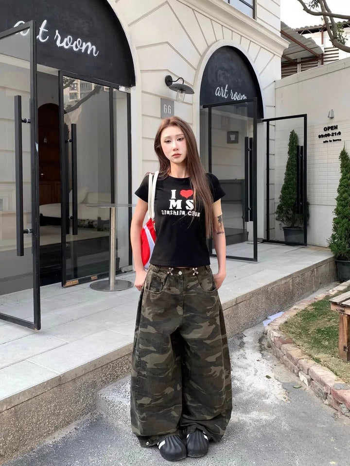 High-Waisted Harajuku Style Camouflaged Denim Pants