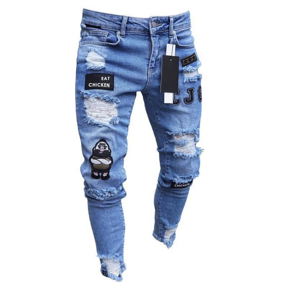 Embroidered Cotton Stretch Skinny Ripped Jeans