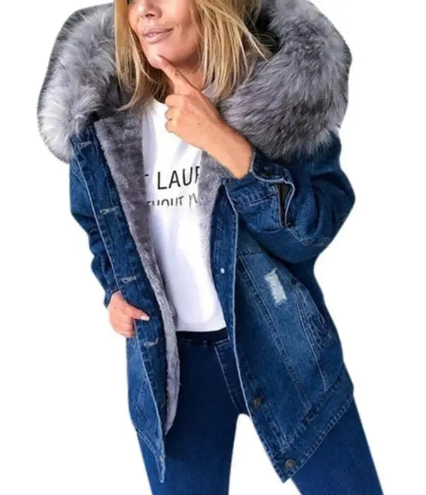 Retro Winter Denim Single-Breasted Hooded Jacket