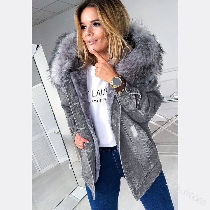 Retro Winter Denim Single-Breasted Hooded Jacket
