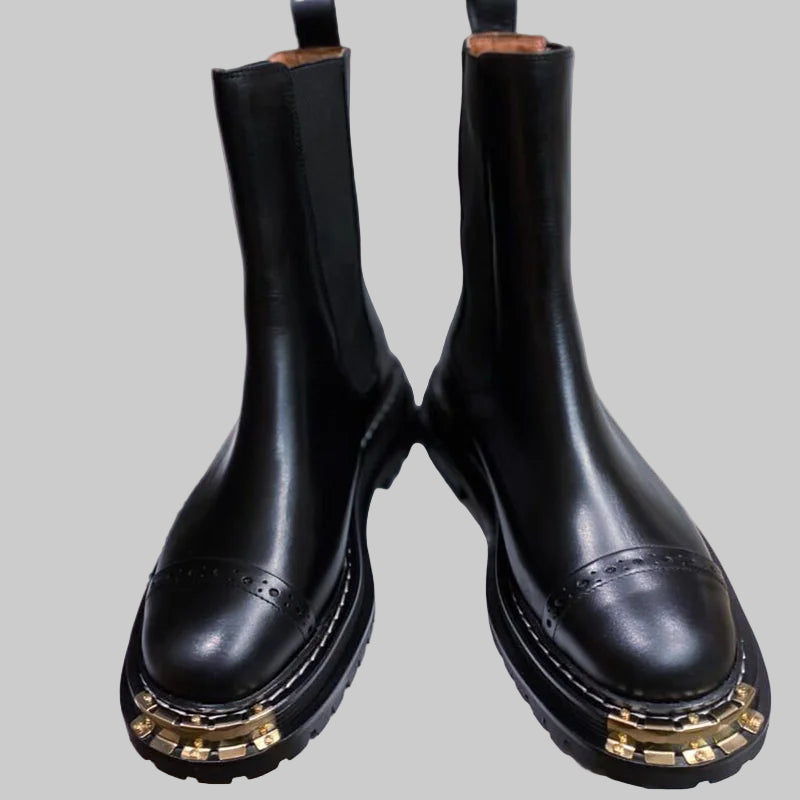 Metal square head Slip on Ankle Mid Calf Boots