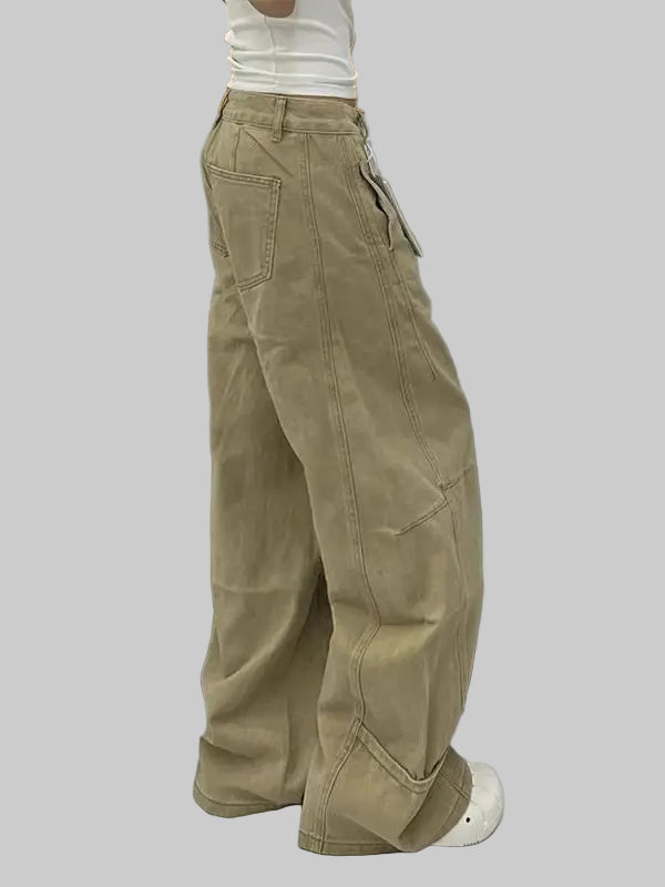 High-Waist Wide-Leg Khaki Cargo Pants