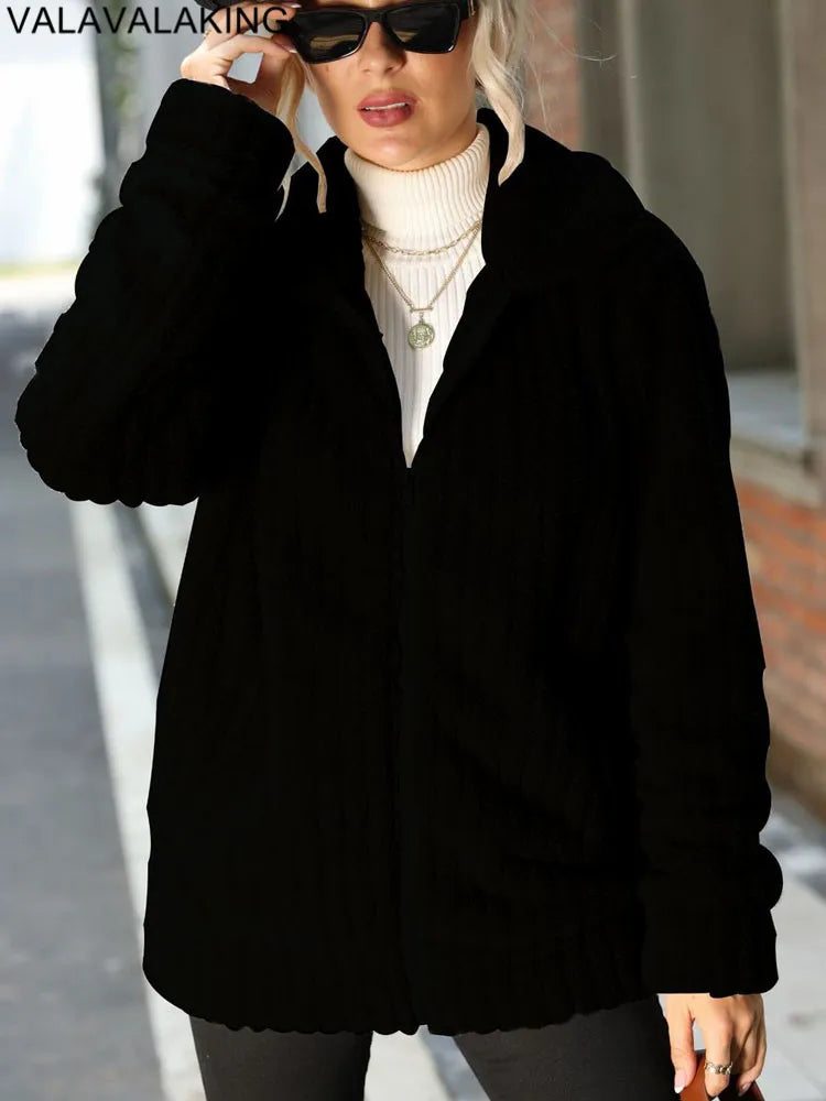 Thick Plush Warm Long Turndown Collar Jacket