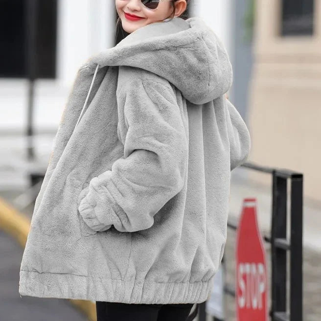 Trendy Mid-Length Fleece Hooded Jacket
