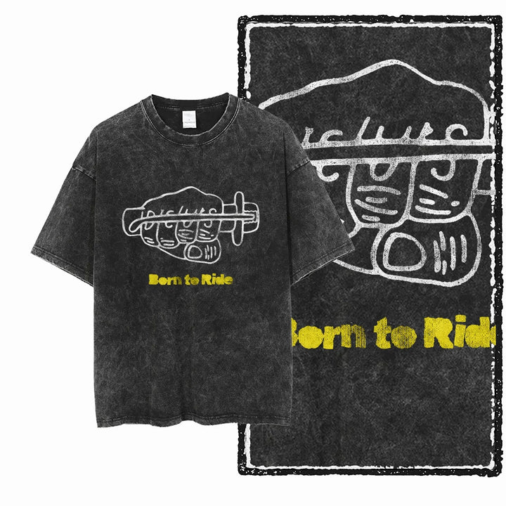 MOTOR CYCLE THEME Printed Cotton Acid Washed Graphic Unisex T Shirt