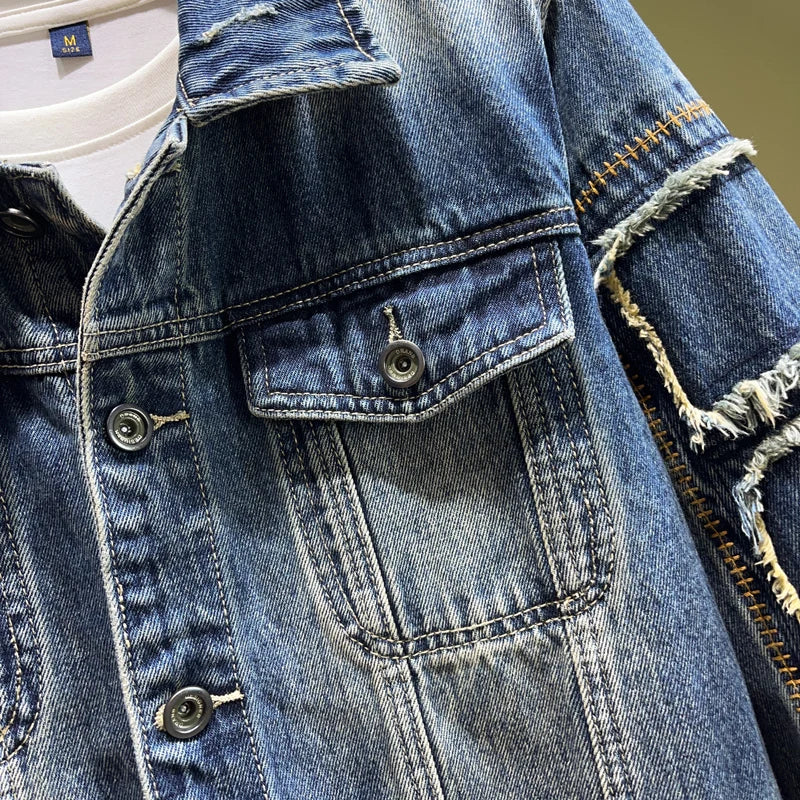 Retro Blue Patched Denim Jacket for Men
