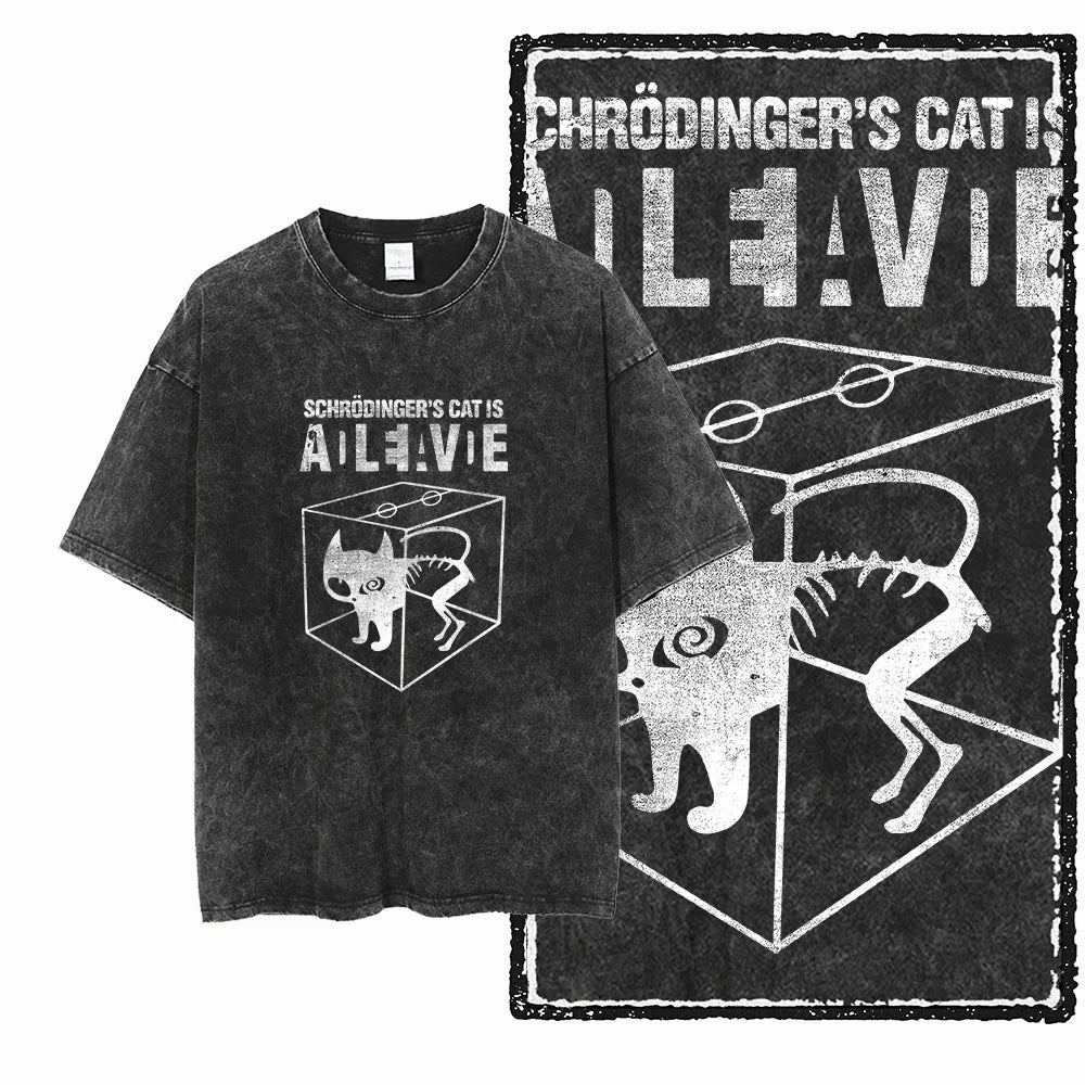 Cat Print Acid Washed Cotton Graphic T-Shirt