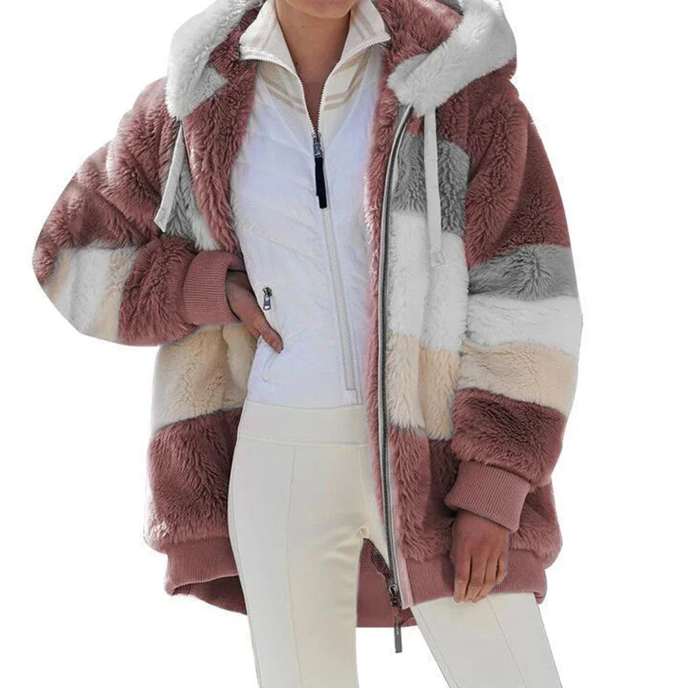 Hooded Thick Cashmere Zippered Plaid Winter Coat