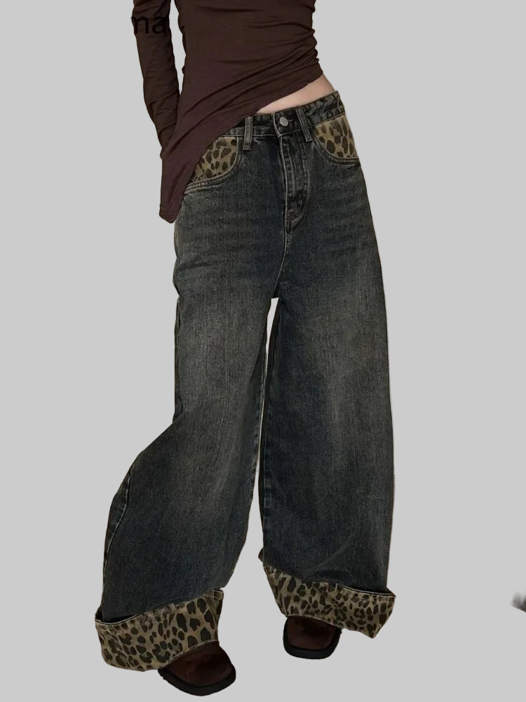 Retro Leopard Print Y2K Wide Leg Jeans