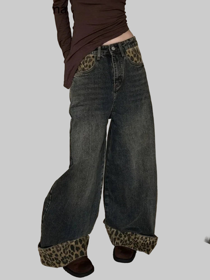 Retro Leopard Print Y2K Wide Leg Jeans