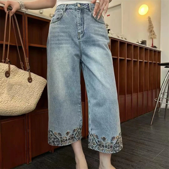 Embroidery Edge Design Wide Legs Denim Jeans
