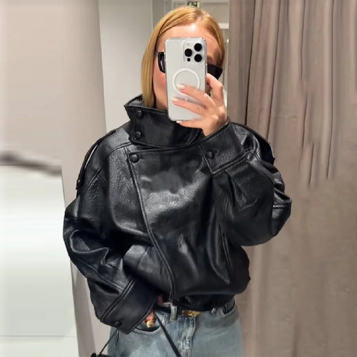 Stand-collar Loose Long Sleeved Pu Leather Jacket