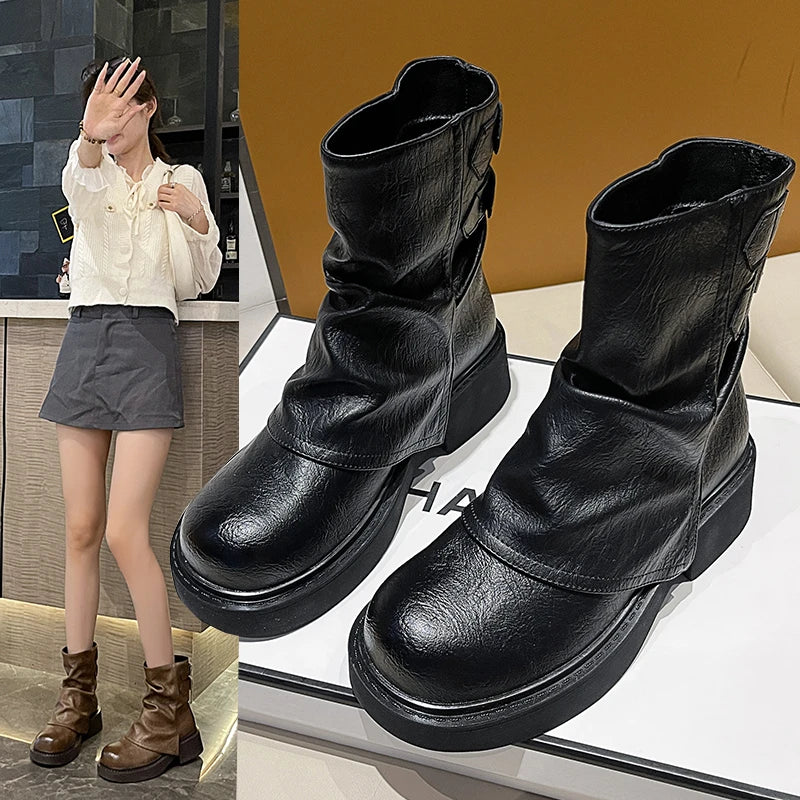 Elegant Belt Buckle Low Heels Leather Ankle Boots