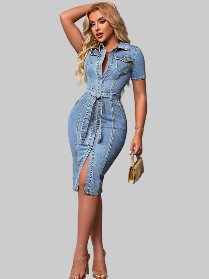Denim Bodycon Short Sleeve Mid-Length Dress
