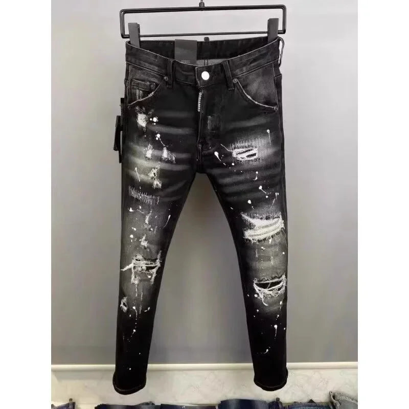Retro Punk Style Slim Fit Elastic Printed Jeans