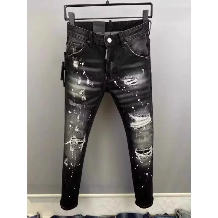 Retro Punk Style Slim Fit Elastic Printed Jeans