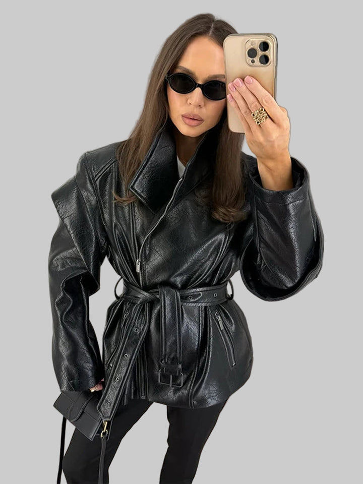 Lace Up Zipper Turn-down Collar Leather Jacket
